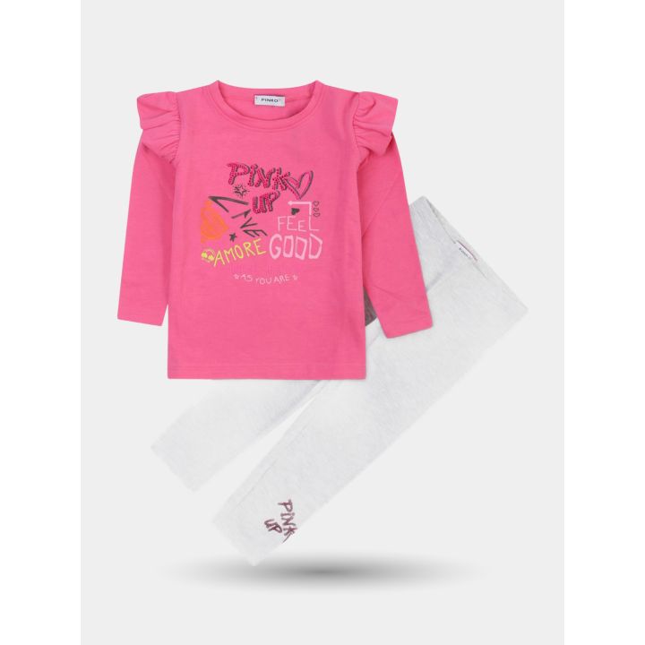 Completo Pinko con maglietta rosa acceso e leggings grigi, vista frontale