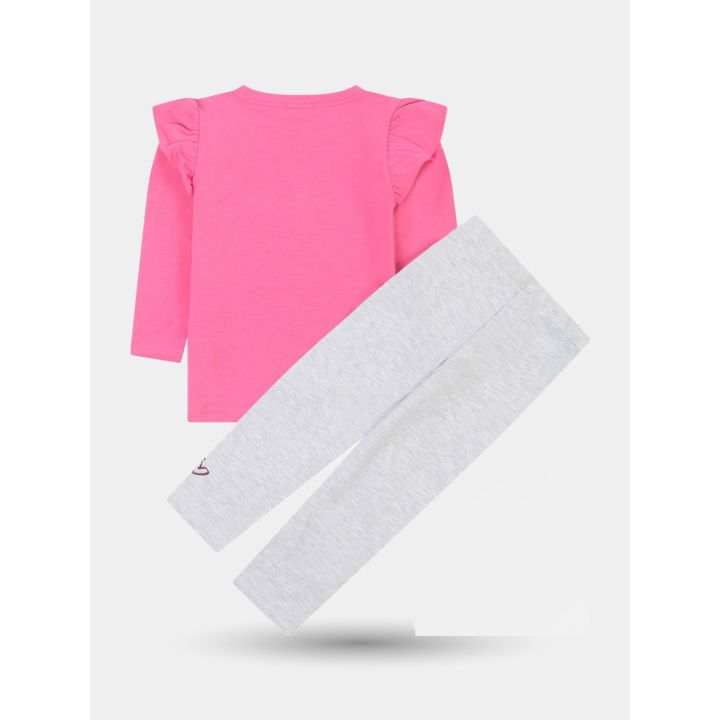 Retro del completo Pinko con maglietta rosa a volant e leggings grigi