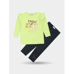 Completo Pinko con t-shirt verde lime a volant e leggings blu notte, vista frontale