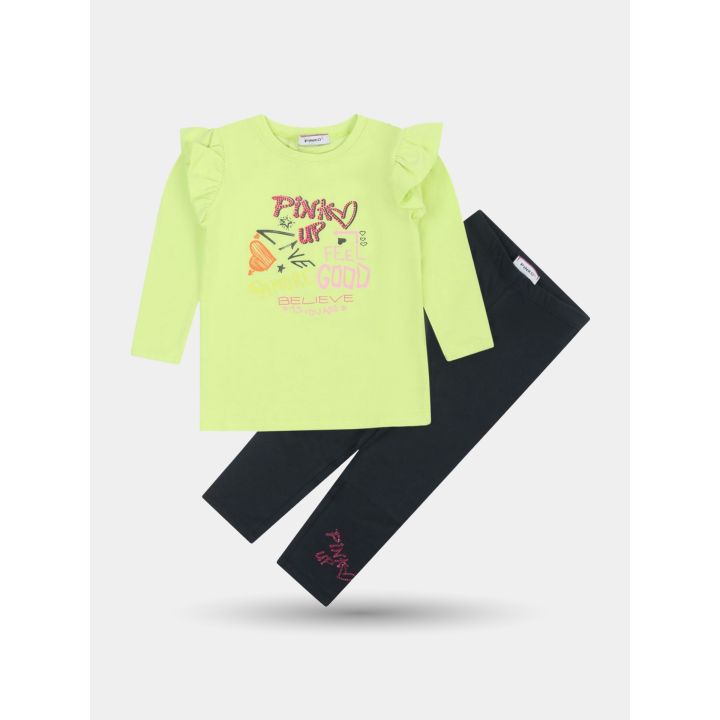 Completo Pinko con t-shirt verde lime a volant e leggings blu notte, vista frontale