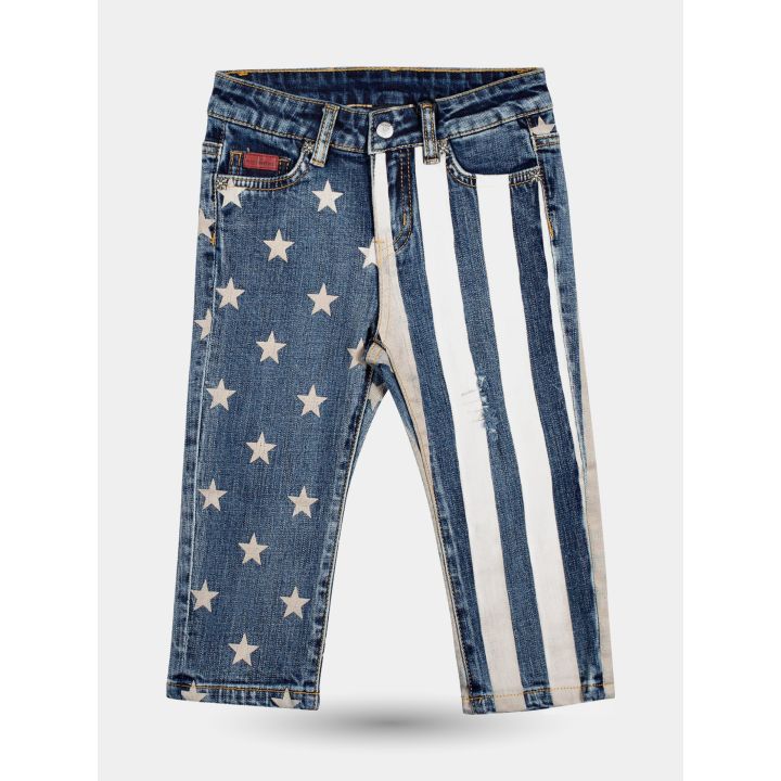 Jeans John Richmond a stelle e strisce blu e panna, vista frontale