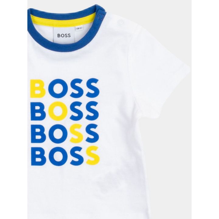 Dettaglio della scritta BOSS blu e gialla e del collo a coste blu