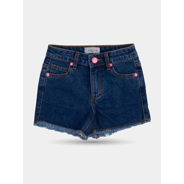 Shorts di jeans blu Gaelle Paris con bottoni rosa fluo, vista frontale