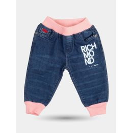 Jeans John Richmond blu con elastici rosa e scritta bianca, vista frontale