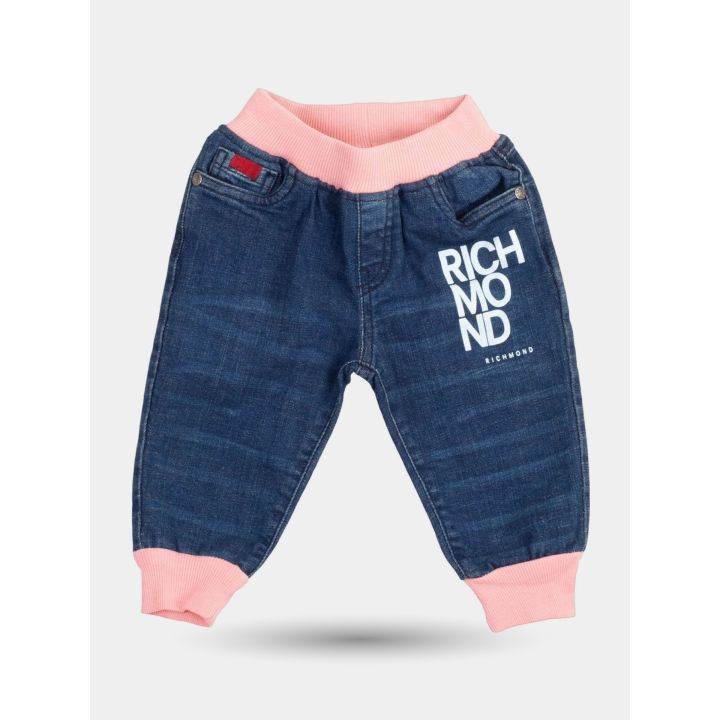Jeans John Richmond blu con elastici rosa e scritta bianca, vista frontale
