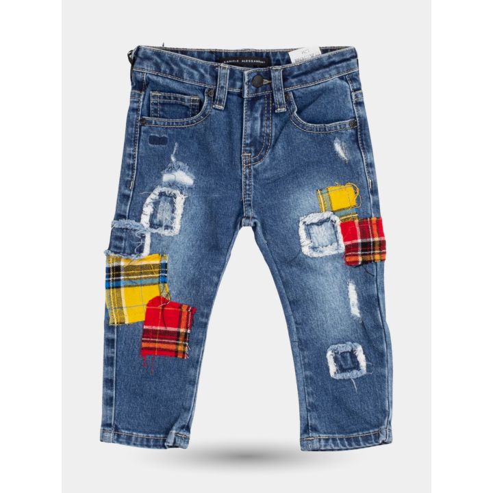Jeans Daniele Alessandrini da neonato con toppe scozzesi vista frontale