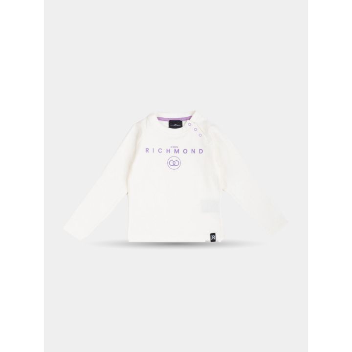 T-shirt John Richmond bianca a maniche lunghe con logo lilla, vista frontale