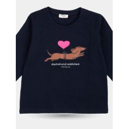 Davanti della t-shirt Vicolo blu con bassotto, palloncino a cuore rosa e scritta