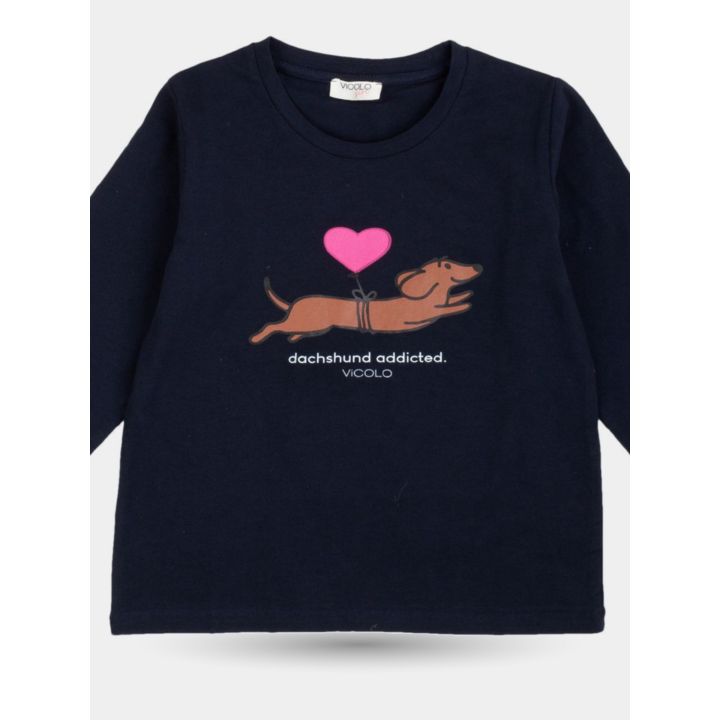 Davanti della t-shirt Vicolo blu con bassotto, palloncino a cuore rosa e scritta