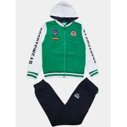 Tuta Kappa verde e bianca da ragazzo con felpa a zip e pantalone nero, vista frontale