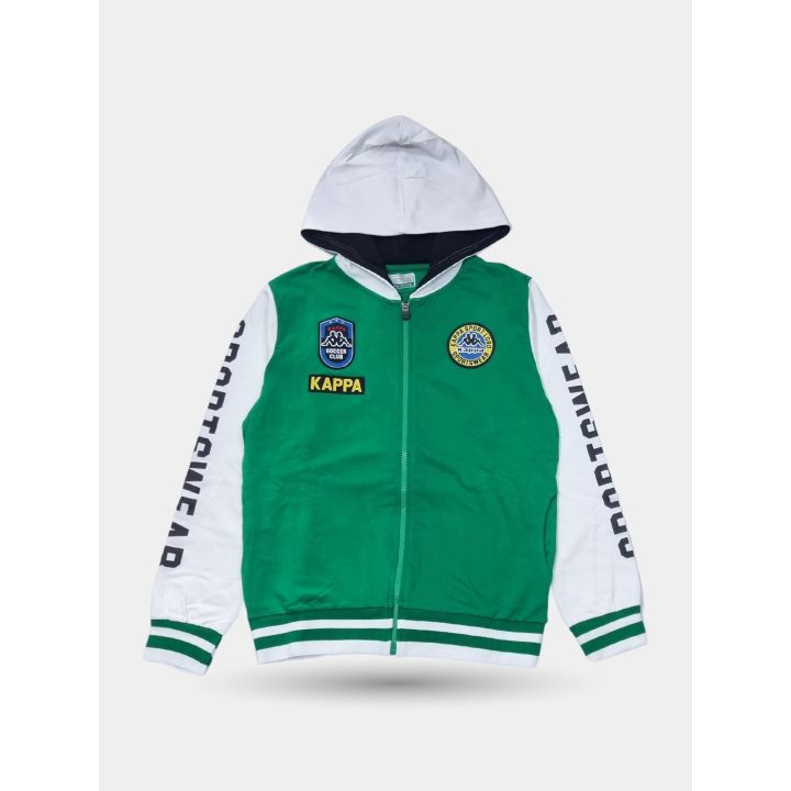 Felpa Kappa verde con zip, cappuccio bianco e toppe sul petto