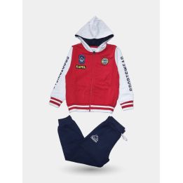 Tuta Kappa rossa e bianca da bambino con felpa a zip e pantalone blu, vista frontale