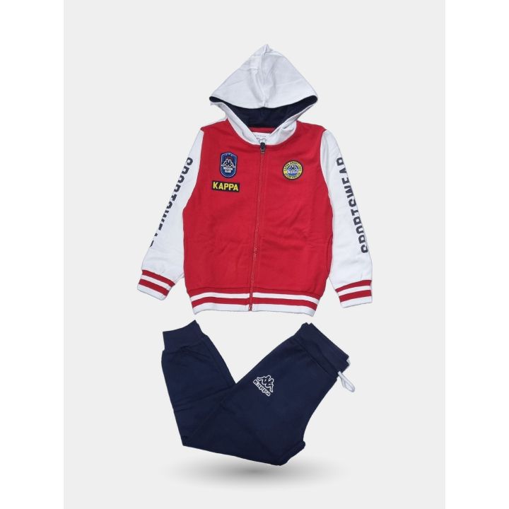 Tuta Kappa rossa e bianca da bambino con felpa a zip e pantalone blu, vista frontale
