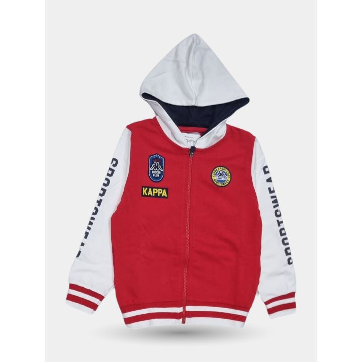 Felpa Kappa rossa con zip, cappuccio bianco e toppe sul petto