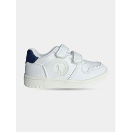 Sneaker Bikkembergs bianca con doppio strappo e tallone blu, vista laterale