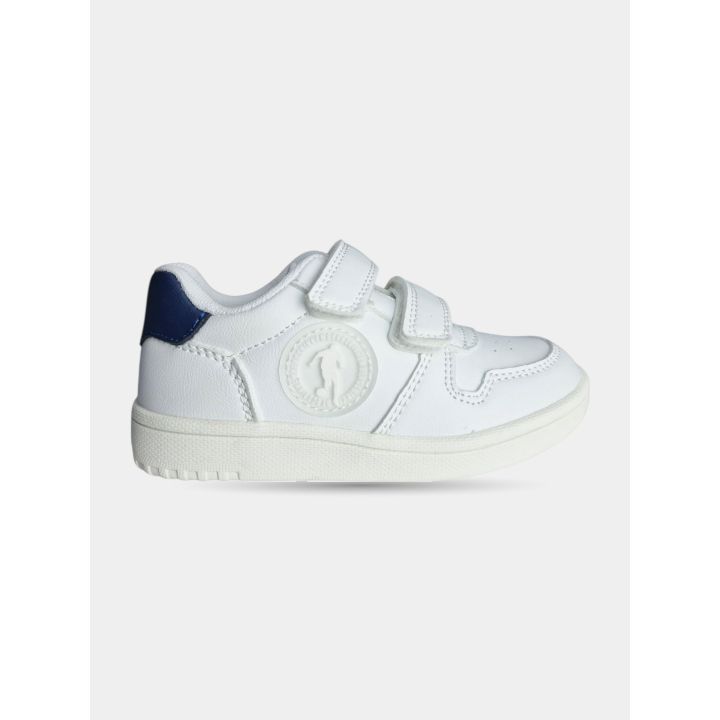 Sneaker Bikkembergs bianca con doppio strappo e tallone blu, vista laterale