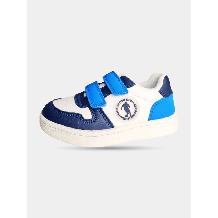 Sneaker Bikkembergs bianca, blu e azzurra con logo tondo, vista laterale