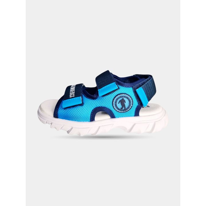 Sandalo Bikkembergs azzurro e blu con logo tondo del calciatore, vista laterale