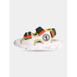 Sandalo Bikkembergs bianco e verde con strappi arancioni e logo tondo, vista laterale
