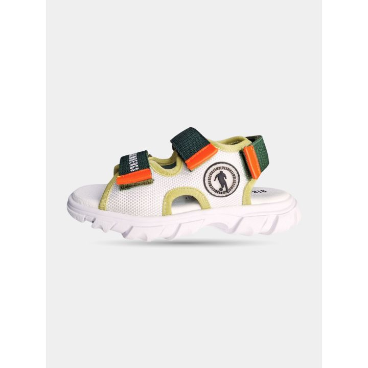 Sandalo Bikkembergs bianco e verde con strappi arancioni e logo tondo, vista laterale