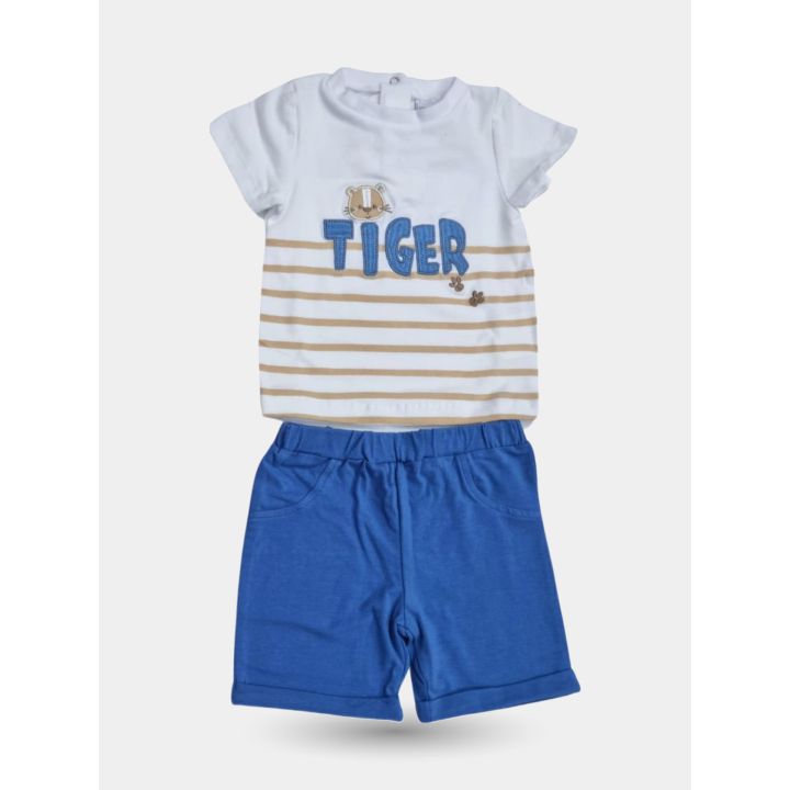 Completo Pastello neonato con scritta Tiger e pantaloncino blu oceano, vista frontale