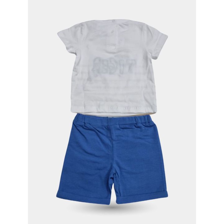 Retro del completo Tiger: t-shirt a righe beige e pantaloncino blu