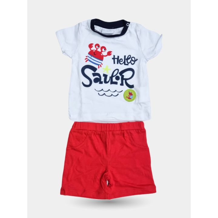 Completo Pastello neonato Hello Sailor con pantaloncino rosso, vista frontale