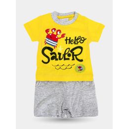 Completo Pastello neonato giallo Hello Sailor con pantaloncino grigio, vista frontale