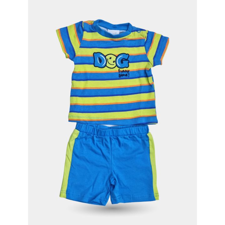 Completo Pastello neonato Dog a righe blu, lime e arancio, vista frontale