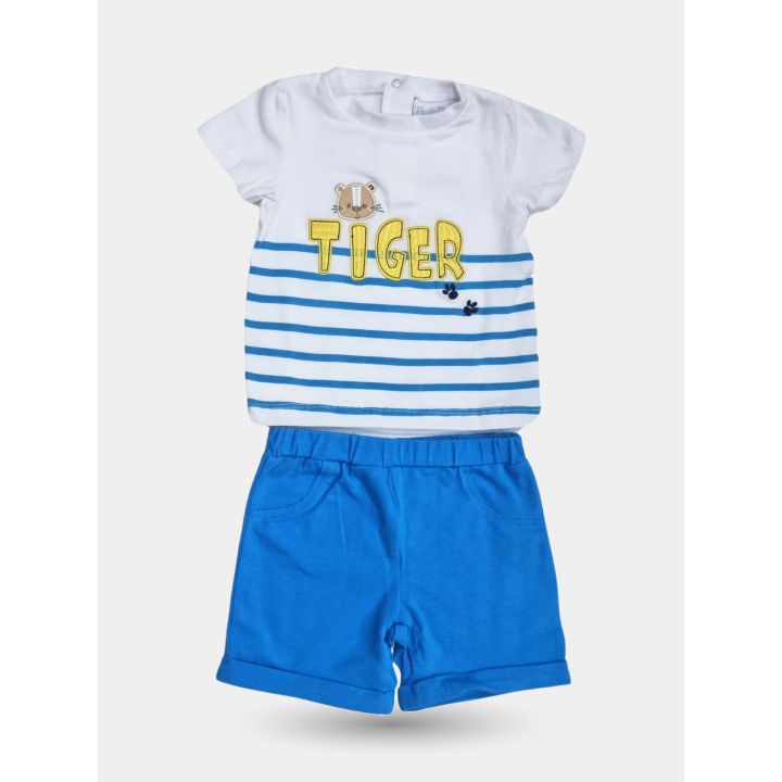 Completo Pastello neonato con scritta Tiger gialla e righe azzurre, vista frontale