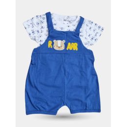 Salopette Pastello blu da neonato con scritta Roarr e t-shirt bianca, vista frontale