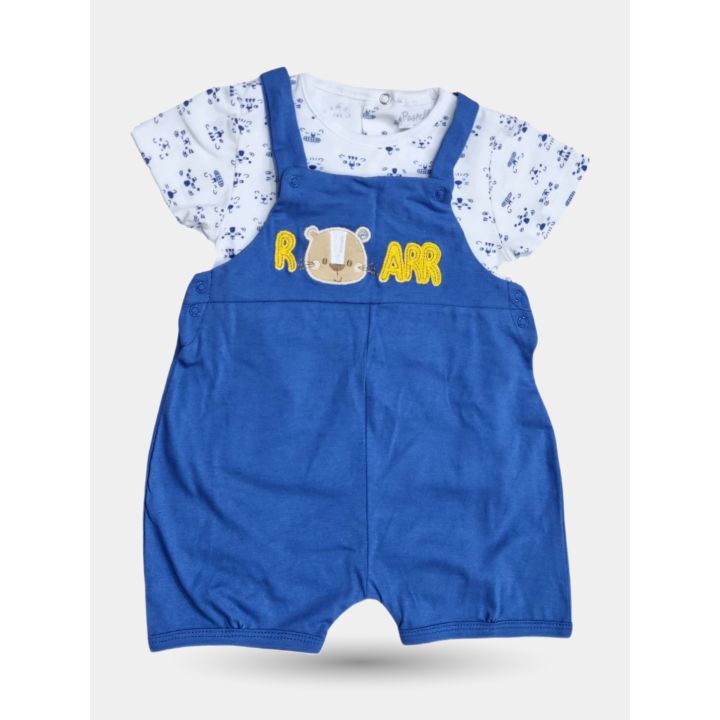 Salopette Pastello blu da neonato con scritta Roarr e t-shirt bianca, vista frontale