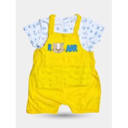 Salopette Pastello gialla da neonato con scritta Roarr azzurra, vista frontale