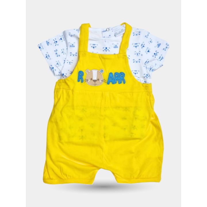 Salopette Pastello gialla da neonato con scritta Roarr azzurra, vista frontale