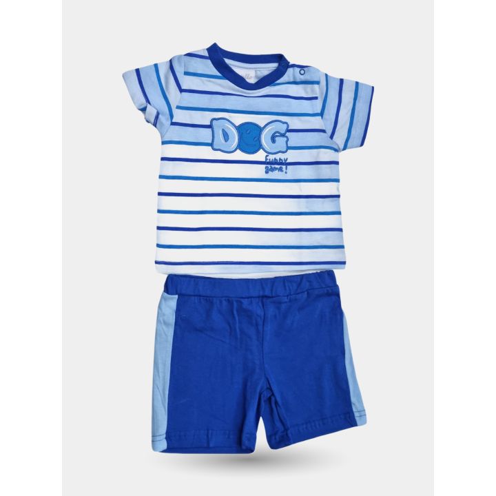 Completo Pastello neonato Dog a righe azzurre e blu, vista frontale