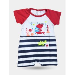 Pagliaccetto Pastello neonato Blue Sea a righe blu con maniche rosse, vista frontale