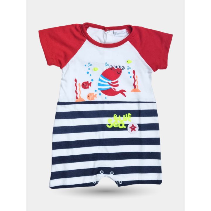 Pagliaccetto Pastello neonato Blue Sea a righe blu con maniche rosse, vista frontale