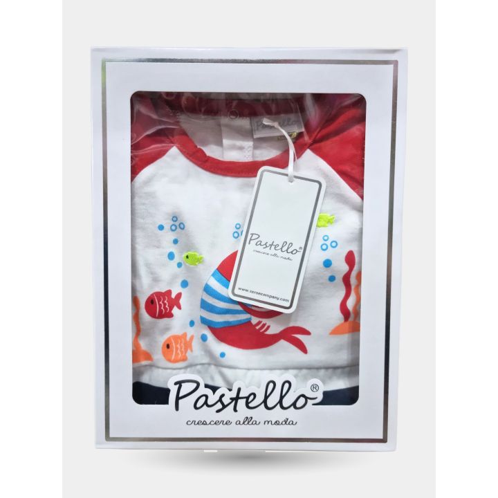 Pagliaccetto con gamberetto e maniche rosse nella scatola Pastello