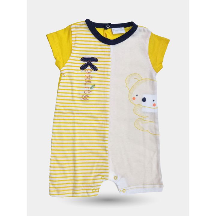 Pagliaccetto Pastello giallo unisex con koala e righe, vista frontale