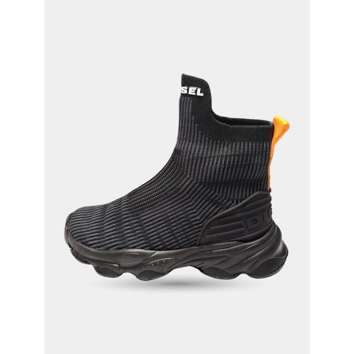 Sneaker alta Diesel nera a calzino da bambino vista laterale