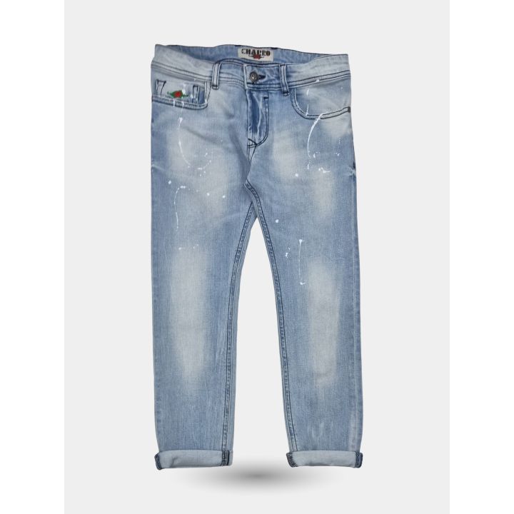 Jeans El Charro blu chiaro con schizzi di vernice bianca, vista frontale