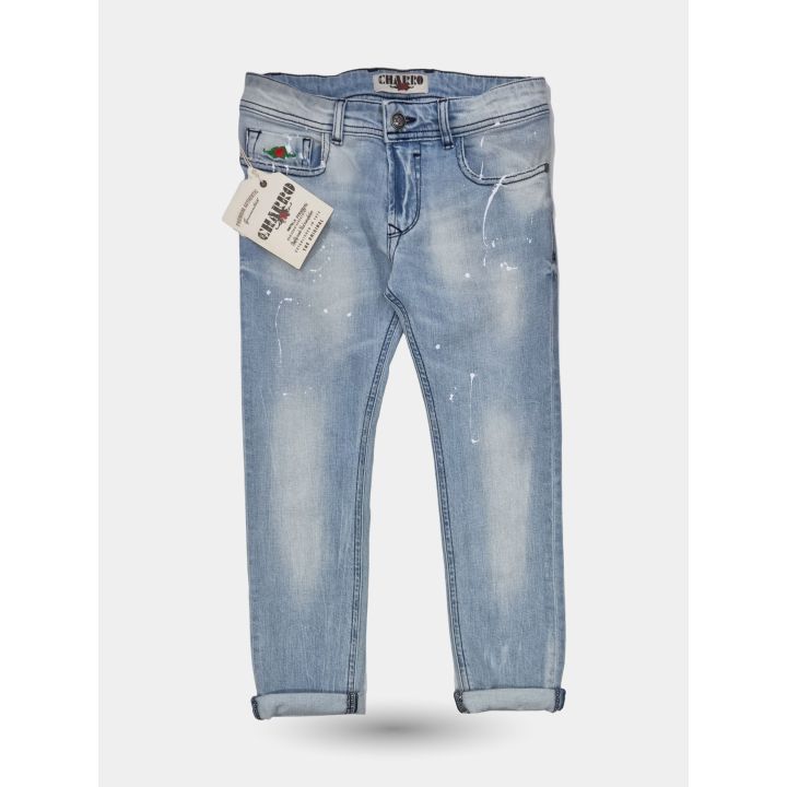Jeans El Charro blu chiaro con schizzi bianchi e cartellino del marchio