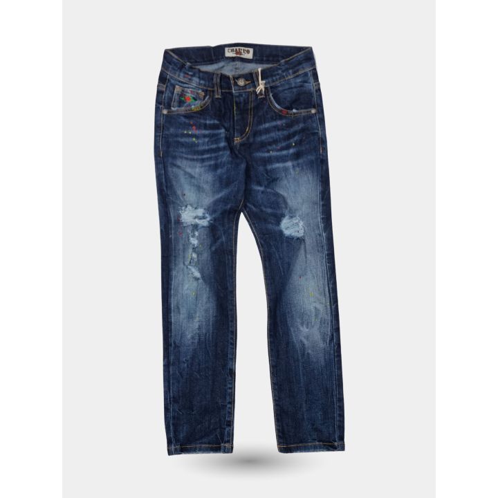 Jeans El Charro blu strappati con schizzi di colore, vista frontale