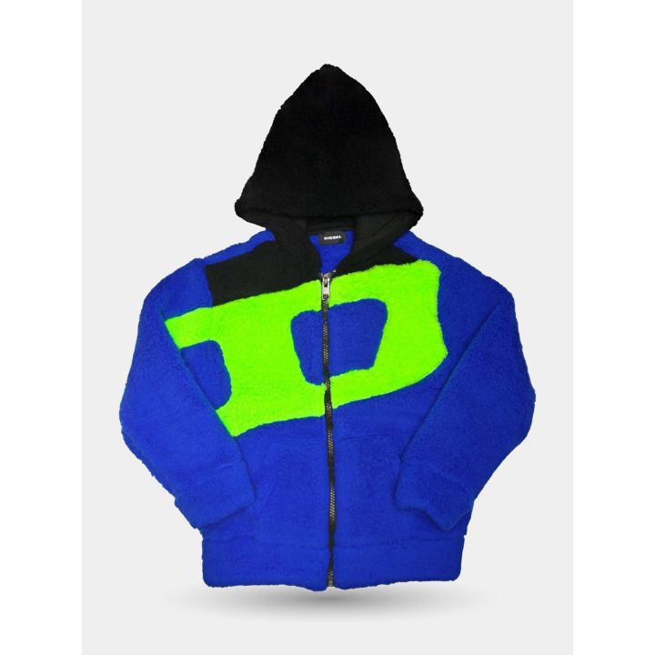 Felpa Diesel blu in peluche vista frontale con maxi D verde fluo