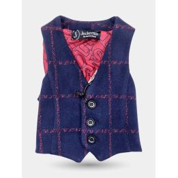 Gilet Jeckerson blu a quadri rossi da neonato vista frontale, tre bottoni
