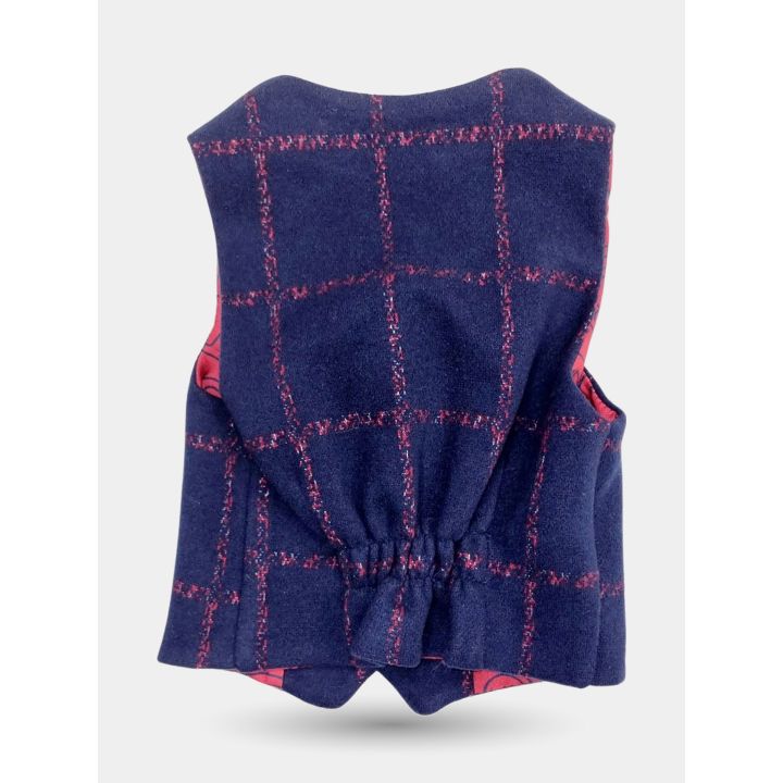 Retro del gilet blu a quadri con elastico in vita