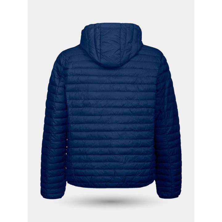 Retro del piumino blu Invicta trapuntato con cappuccio