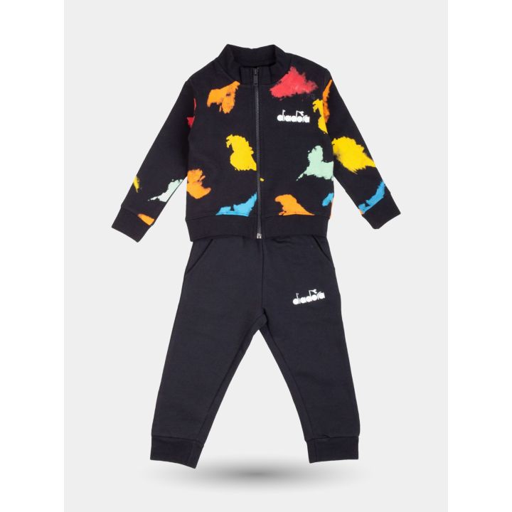 Tuta Diadora da neonato con felpa nera a macchie colorate e pantaloni neri