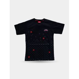 T-shirt Sprayground nera Pixel Checkered vista frontale con squalo sul petto