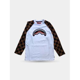 Maglia Sprayground bianca a manica lunga vista frontale con maniche a scacchi